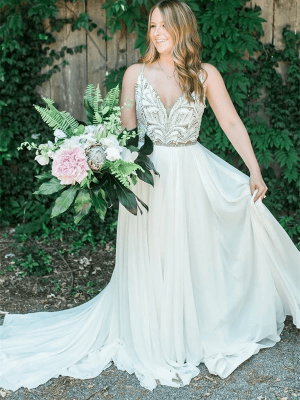 Spaghetti Straps Neckline A-line Rustic Wedding Dresses With Beaded WD549 - Pgmdress