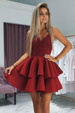 Spaghetti Straps Burgundy Appliqued Homecoming Dresses With Beading   PD345