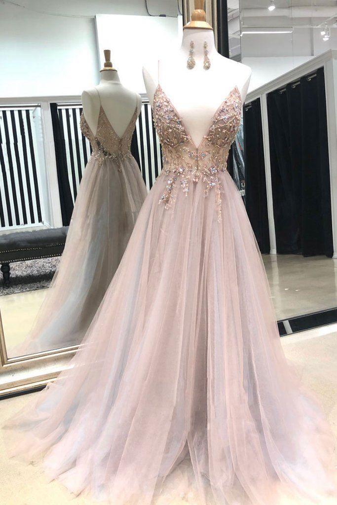 Spaghetti Straps Sexy V Neck Prom Dresses Beaded Long Formal Dress PG844 - Pgmdress