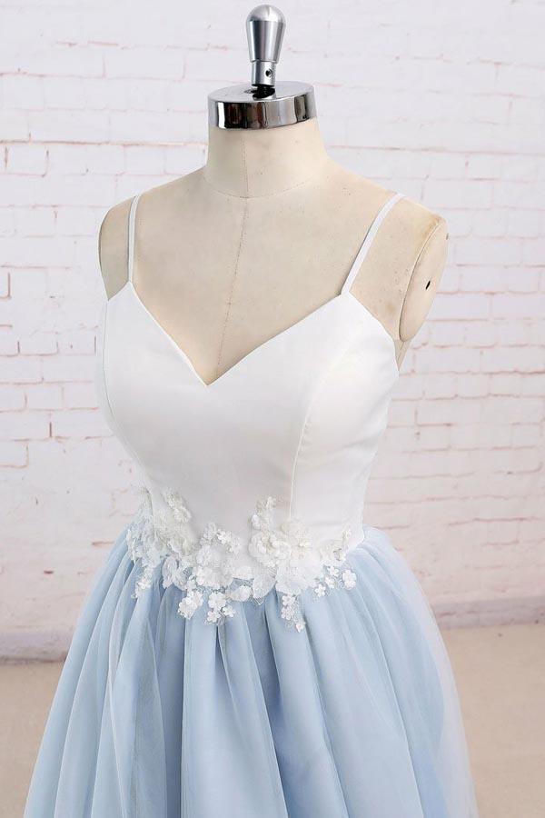 Spaghetti Straps Sweep Train Backless Light Blue Tulle Prom Dress PG498 - Pgmdress