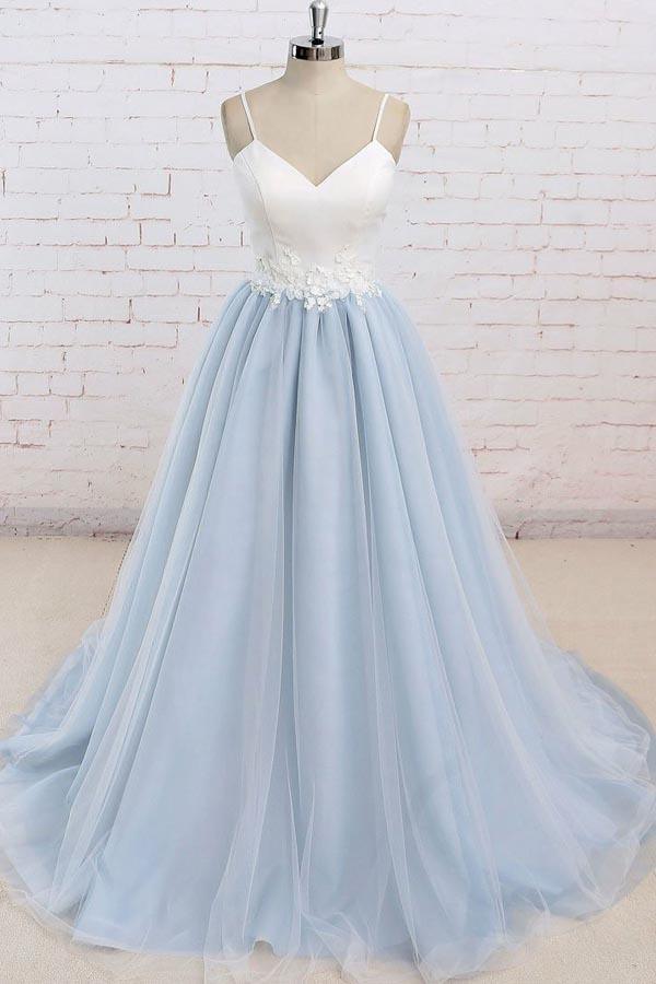 blue and white dresses for prom Light Blue Off Shoulder Tulle Ball Gowns Prom Dresses with Appliques US18W / Custom Color main image 0