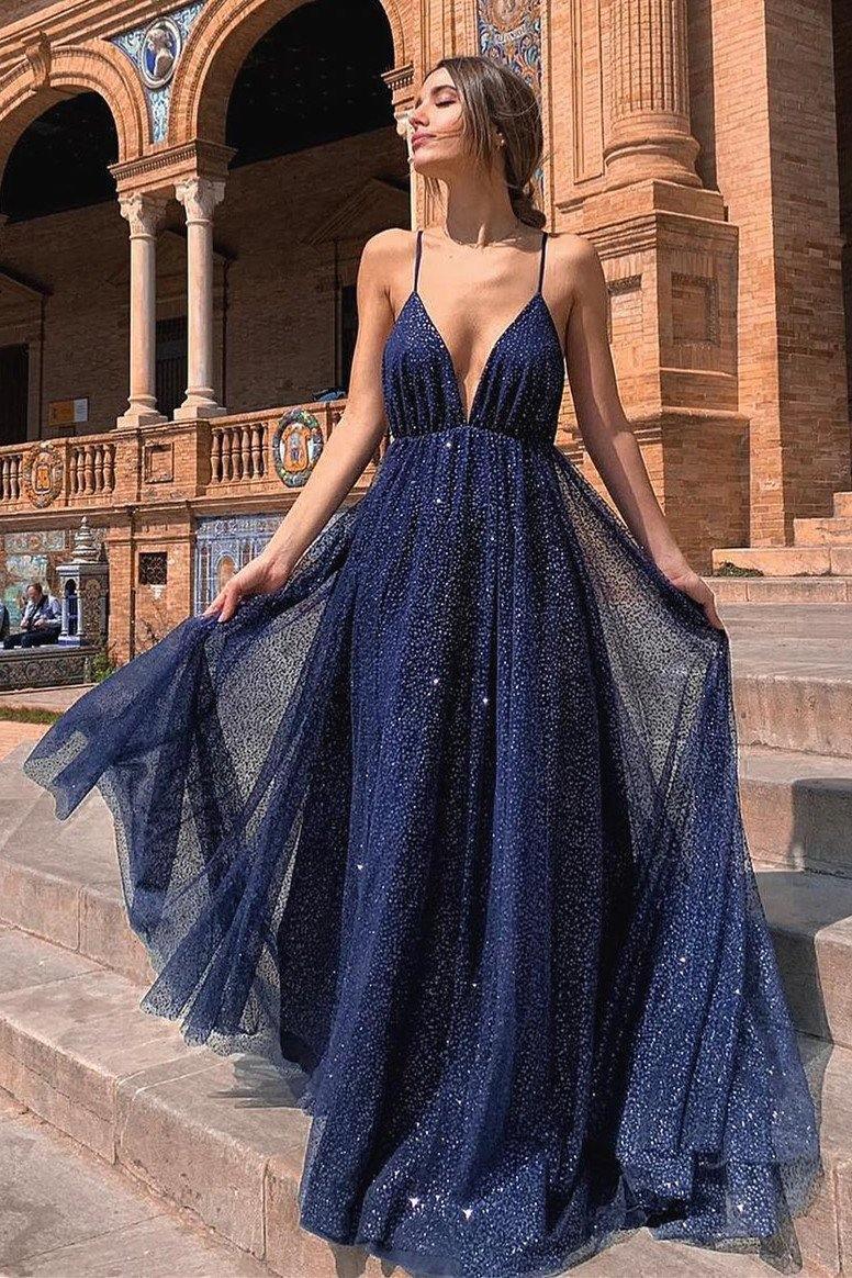 chinese dress ladies Sparkle Backless Plunging Neckline Sequin Long Prom Dress PG757 US0 / Navy Blue
