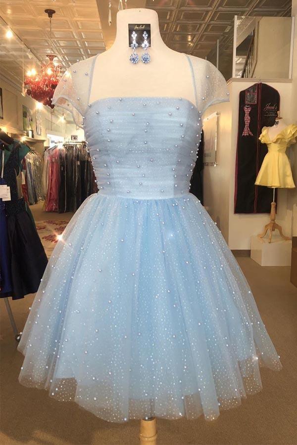 princess polly baby blue dress Cap Sleeves Round Neck Blue Beaded Prom Homecoming Dresses, Short Blue –  Shiny Party