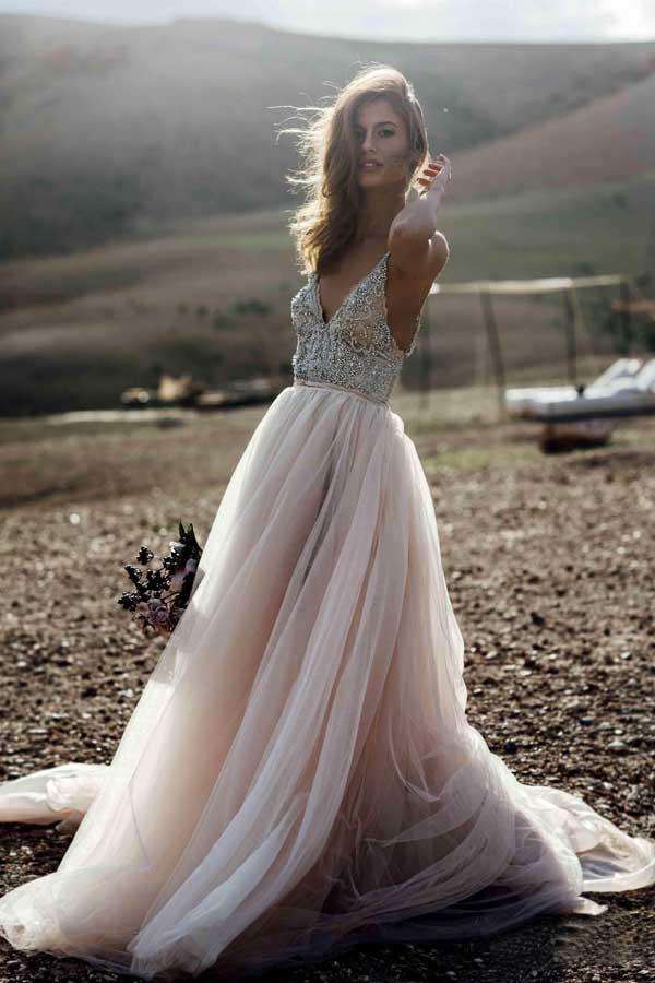 Sparkle Beading V-neck Rustic Wedding Dress Bridal Gown WD315