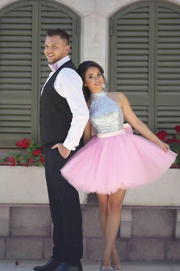 Sparkly High Neck Short Pink Homecoming Dress Party Dress PG163 - Pgmdress