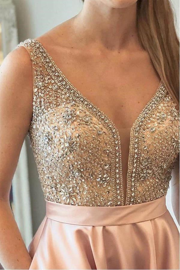 Sparkly Satin Pink Beaded Long Prom Dress with Open Back PSK130 - Pgmdress