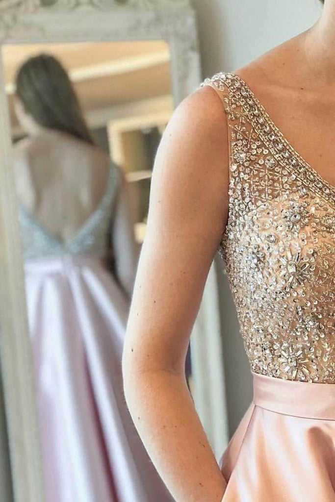 Sparkly Satin Pink Beaded Long Prom Dress with Open Back PSK130 - Pgmdress