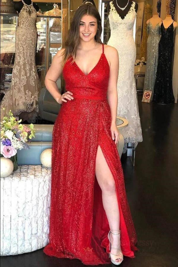 Sparkly V Neck A-Line Red Long Prom Dress with Split PSK185 US12 / Red Sparkly V Neck A-Line Red Long Prom Dress with Split PSK185 US12 / Red