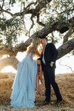 Split Sky Blue Rustic Wedding Dresses Beach Wedding Gown with Court Train WD289 - Pgmdress