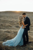 Split Sky Blue Rustic Wedding Dresses Beach Wedding Gown with Court Train WD289 - Pgmdress