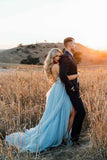 Split Sky Blue Rustic Wedding Dresses Beach Wedding Gown with Court Train WD289 - Pgmdress