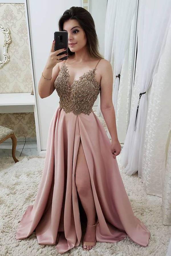 Strap Maroon Long Beaded Prom Dress with Split and Gold Lace PG871 US12 / Pink Strap Maroon Long Beaded Prom Dress with Split and Gold Lace PG871 US12 / Pink