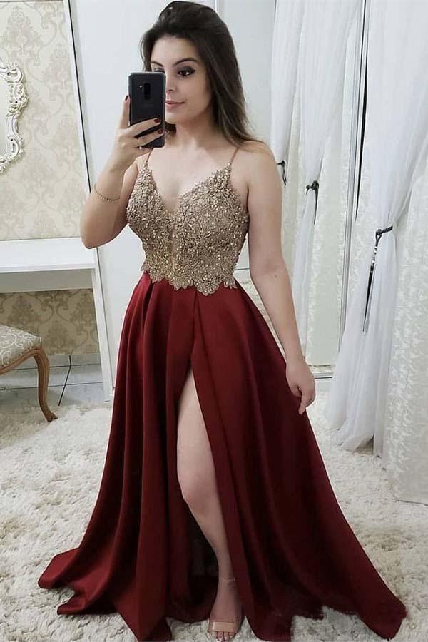 Strap A Line Maroon Long Beaded Prom Dresses with Split and Gold Lace –  Pgmdress