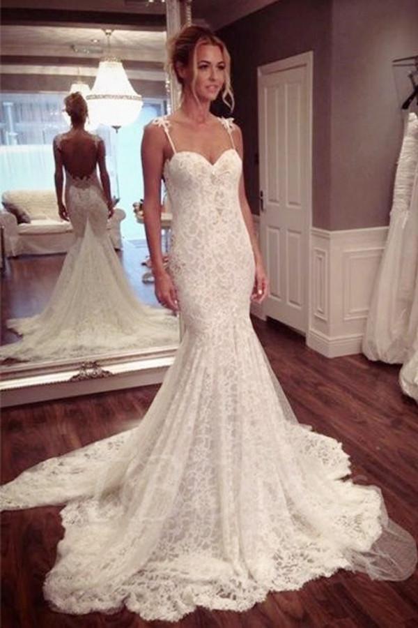 Strap Sweetheart Backless Mermaid Lace Wedding Dress Ball Gown WD026 US10 / White Strap Sweetheart Backless Mermaid Lace Wedding Dress Ball Gown WD026 US10 / White