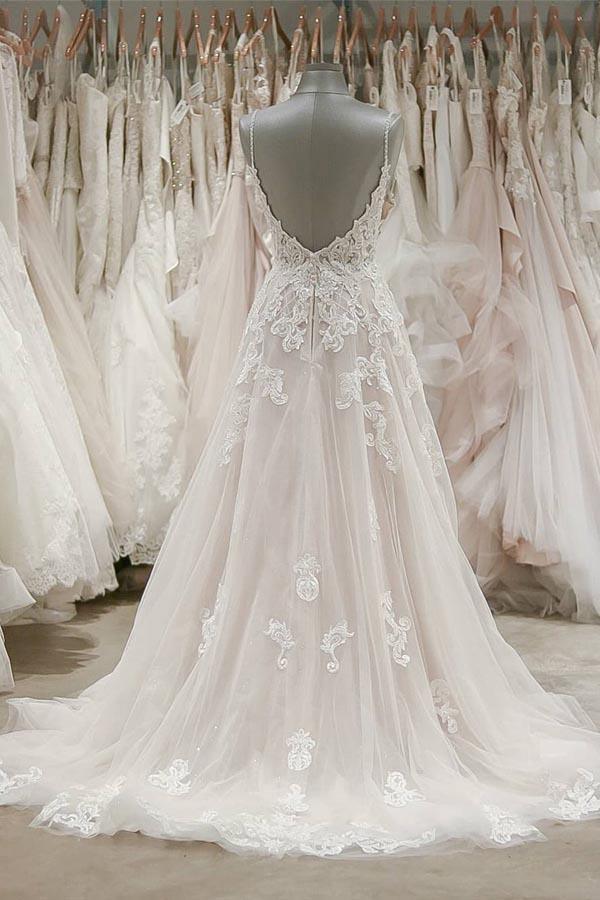 Strap V Neck Beach Wedding Dresses Backless Ivory Tulle Wedding Dress WD309 - Pgmdress