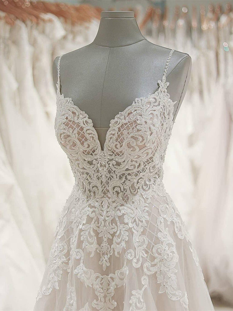 Strap V Neck Beach Wedding Dresses Backless Ivory Tulle Wedding Dress WD309 - Pgmdress