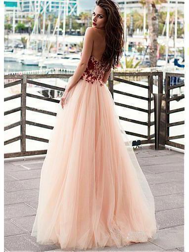 Strapless Blush Prom Dresses Lace Appliqued Tulle Formal Evening Dress PG775 - Pgmdress