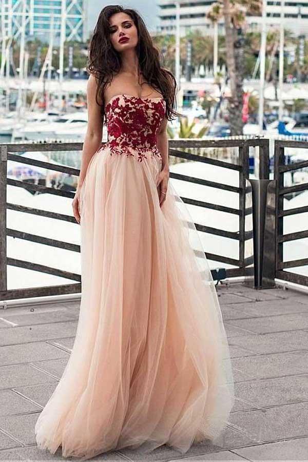 Strapless Blush Prom Dress Lace Appliqued Tulle Evening Dress PG775 Pgmdress Strapless Blush Prom Dress Lace Appliqued Tulle Evening Dress PG775 Pgmdress