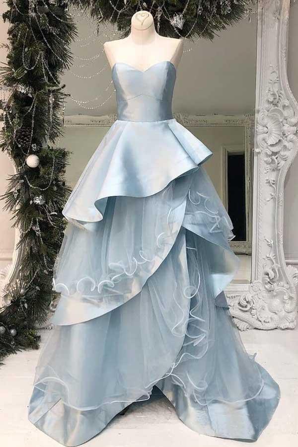 Strapless Light Blue Long Prom Dresses Multi-Layered Ruffle Prom Dresses PG808 - Pgmdress