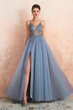 Straps A-Line Beading Rose Split Tulle Prom Dress with Crystal PSK006 - Pgmdress