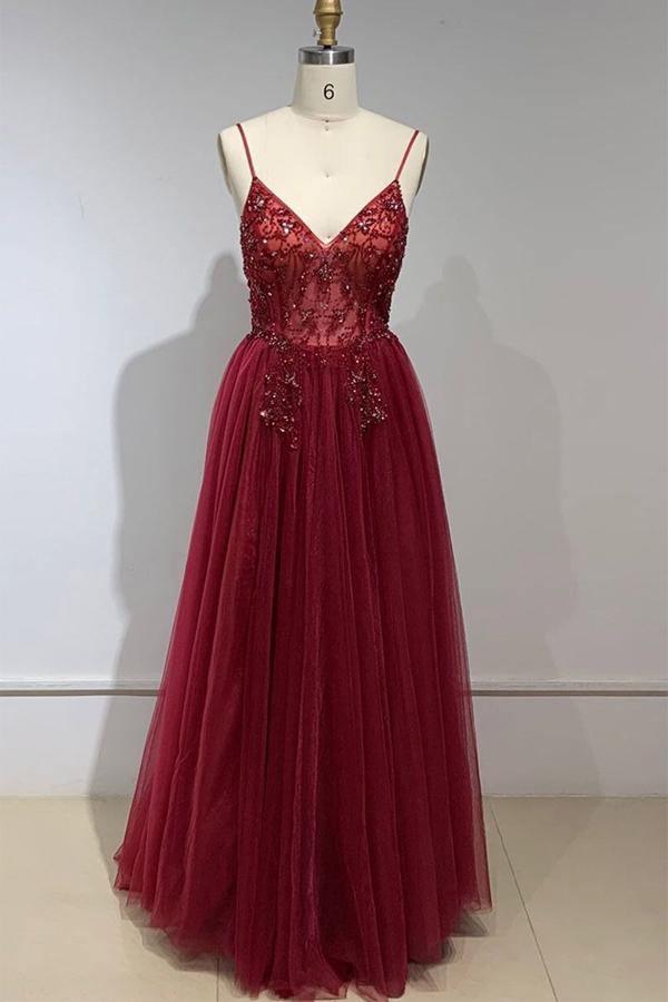 Straps A-Line Beading Rose Split Tulle Prom Dress with Crystal PSK006 - Pgmdress