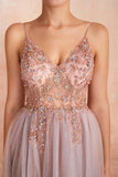 Straps A-Line Beading Rose Split Tulle Prom Dress with Crystal PSK006 - Pgmdress