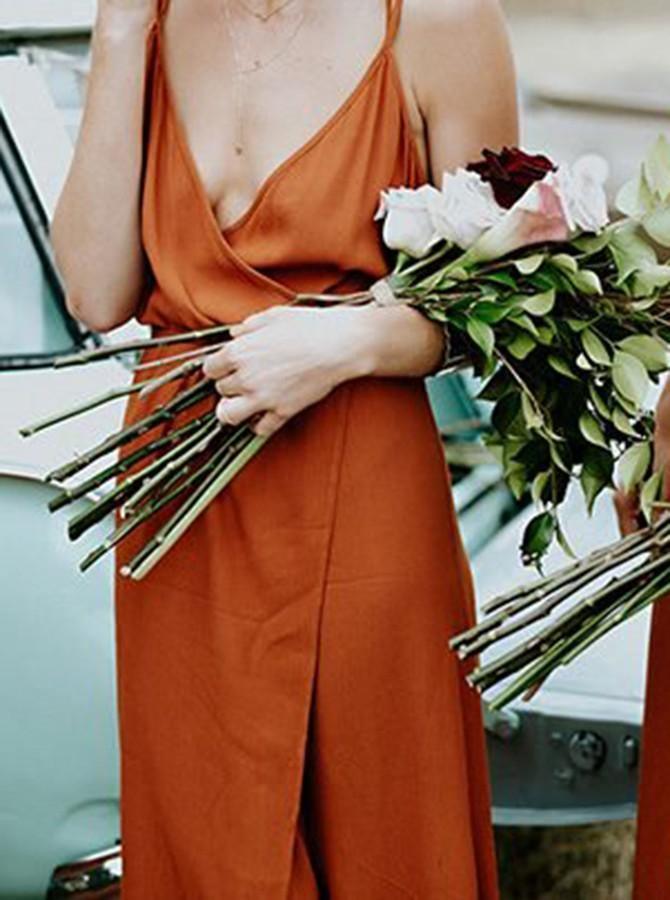 Straps A-Line V-Neck Orange Chiffon Bridesmaid Dress with Split BD064 - Pgmdress