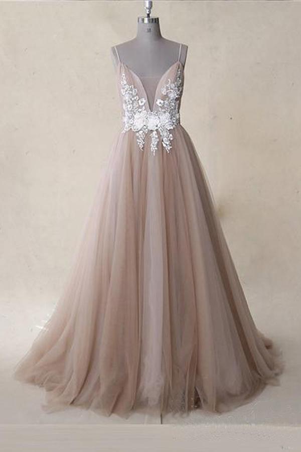 Straps Appliques Tulle A Line V Neck Long Prom Dress Dusty Rose PSK058 - Pgmdress