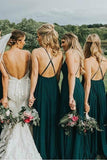 Straps Dark Green Long Bridesmaid Dress with Criss Cross Back BD076 - Pgmdress