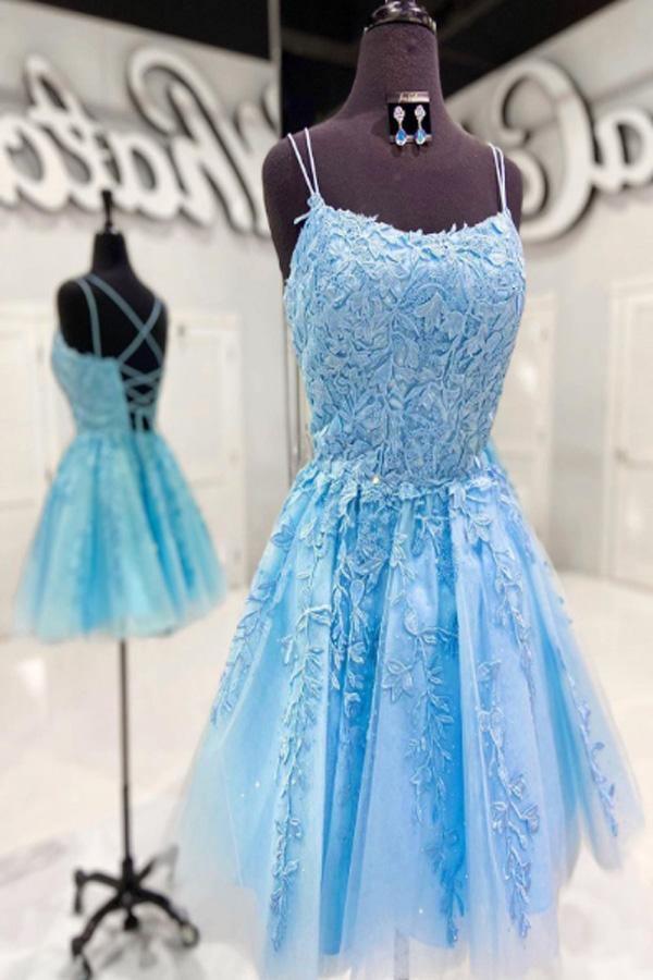 Straps Lace Applique Blue Homecoming Dress Short Prom Dress US10 / Blue Straps Lace Applique Blue Homecoming Dress Short Prom Dress US10 / Blue