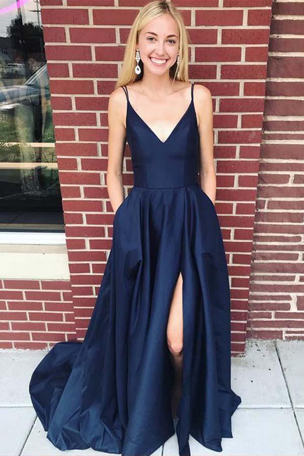 Straps Navy Blue Satin Long Prom Dress Evening Dress with Split PG711 Pgmdress Straps Navy Blue Satin Long Prom Dress Evening Dress with Split PG711 Pgmdress