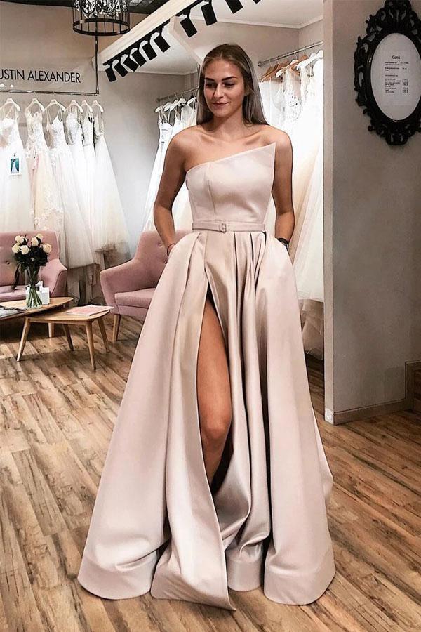 Straps Satin Light Blue Slit A Line Simple Prom Dresses With Pocktets PSK050 - Pgmdress