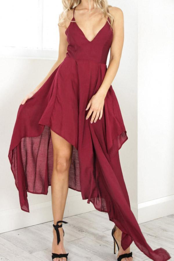 Straps V Neck Burgundy High Low Party Dress Homecoming Dresses PD310 - Pgmdress