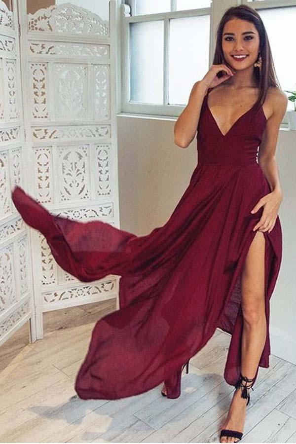 Straps V Neck Burgundy High Low Party Dress Homecoming Dresses PD310