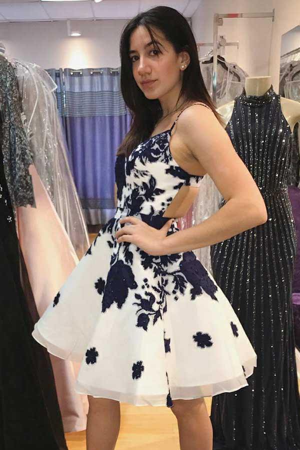 Straps White Organza Homecoming Dress with Lace Appliques PD031 - Pgmdress