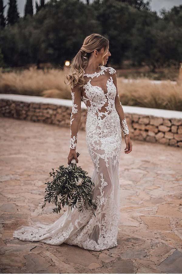 chinese dress ladies Elegant Crepe Lace Sleeved Mermaid Bridal Gown Light Ivory / with Beading main image 0
