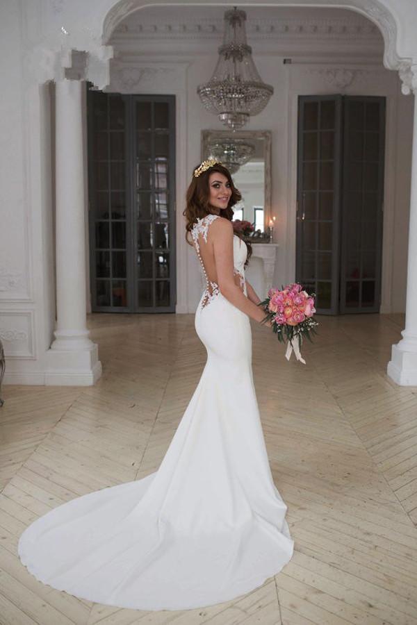 Stunning Mermaid Sleeveless Lace Wedding Dress Zipper Button WD041 - Pgmdress