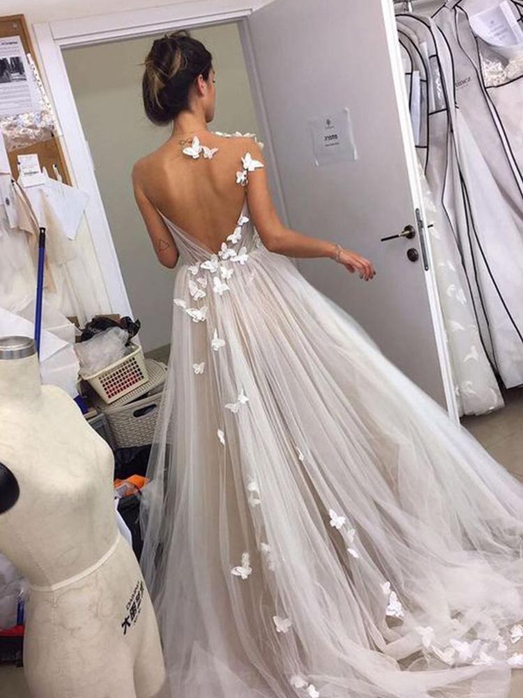 Sweet A-line V Neck Open Back Tulle Ivory Wedding Dresses with Appliques WD477 - Pgmdress