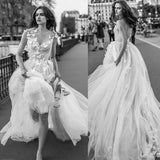 Sweet A-line V Neck Open Back Tulle Ivory Wedding Dresses with Appliques WD477 - Pgmdress
