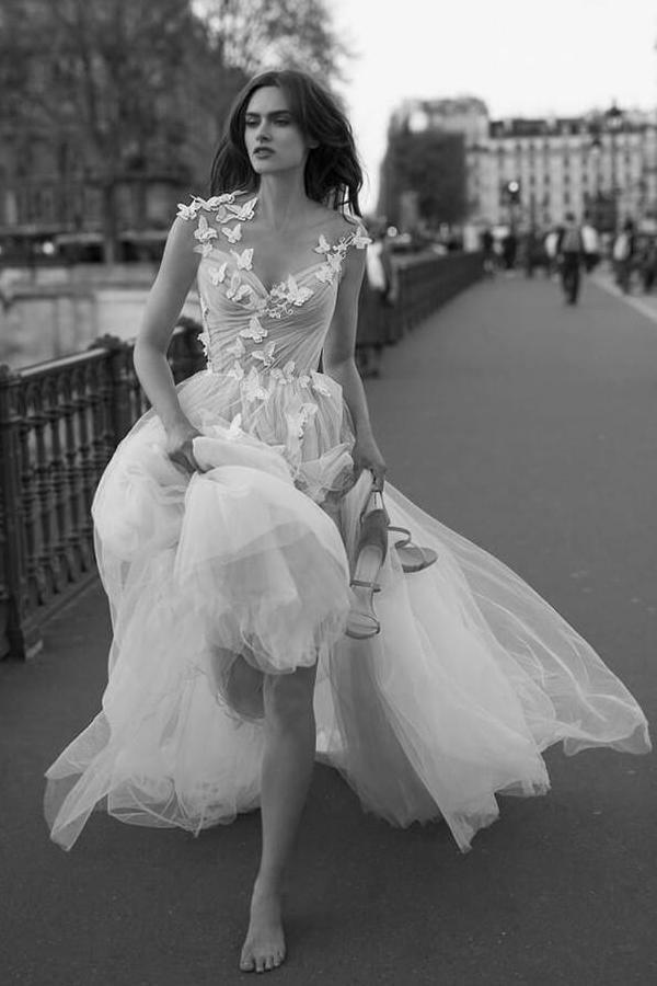 Sweet A-line V Neck Open Back Tulle Ivory Wedding Dresses with Appliques WD477 - Pgmdress