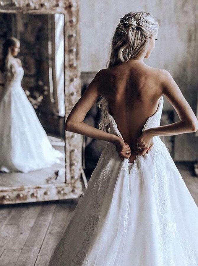 Sweetheart Ball Gown Sweep Train Tulle Wedding Dress with Appliques WD442 - Pgmdress