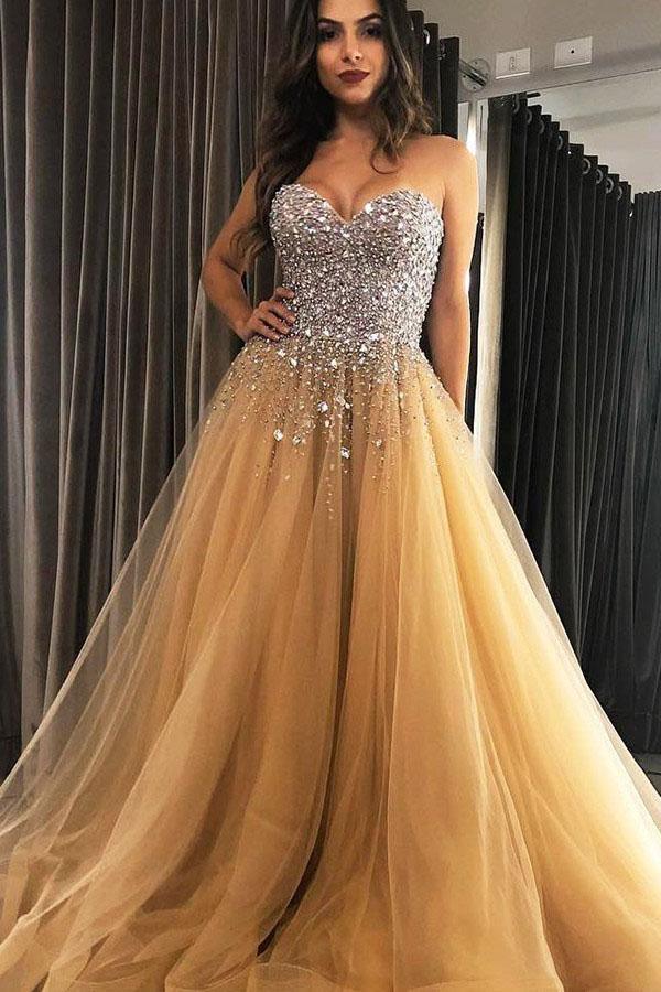 Sweetheart Champagne Tulle Sweep Train Prom Evening Dresses with Beading PSK179 - Pgmdress