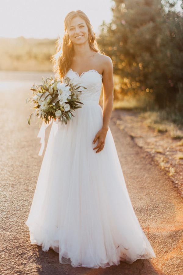 Sweetheart Floor-Length Ivory Wedding Dress with Lace WD059 - Pgmdress