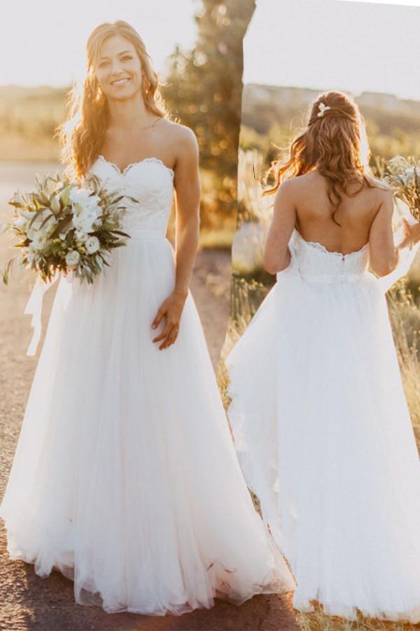Sweetheart Floor-Length Ivory Wedding Dress with Lace WD059 - Pgmdress