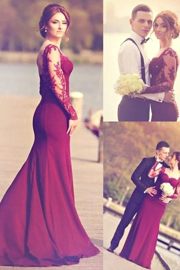 Sweetheart Long Sleeve Burgundy Prom Dress With Lace Appliques PG310 US0 / Burgundy Sweetheart Long Sleeve Burgundy Prom Dress With Lace Appliques PG310 US0 / Burgundy