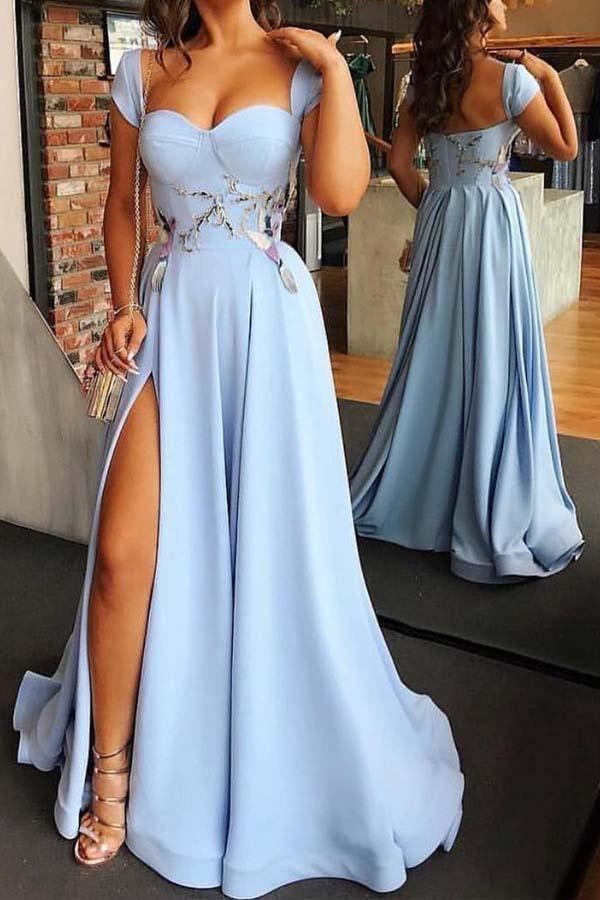 Sweetheart Neck Cap Sleeve Light Blue Prom Dress with Split PG789 US6 / Light Blue Sweetheart Neck Cap Sleeve Light Blue Prom Dress with Split PG789 US6 / Light Blue