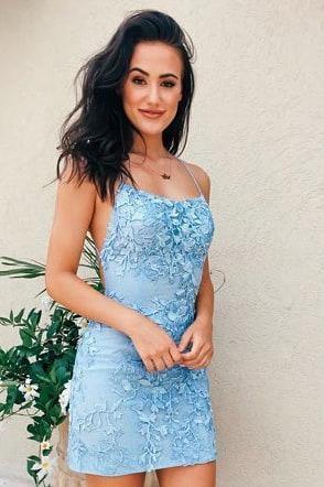 Tie Back Appliqued Sheath Pink Short Prom Dress Homecoming Dress PD327 - Pgmdress