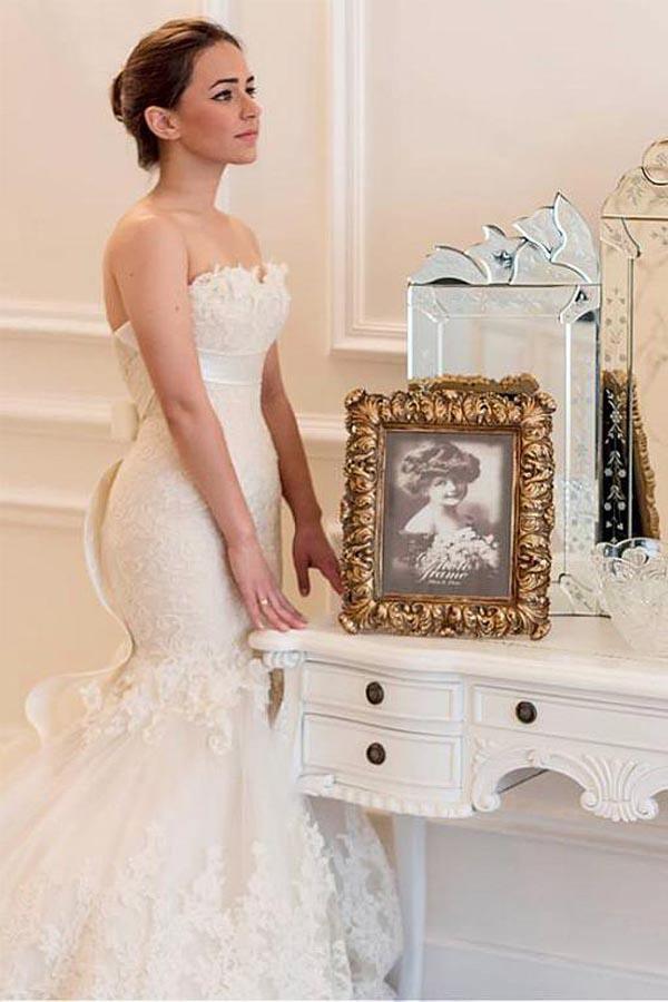 Tulle Mermaid Champagne Wedding Dress with Lace Appliques WD299 US8 / Champagne