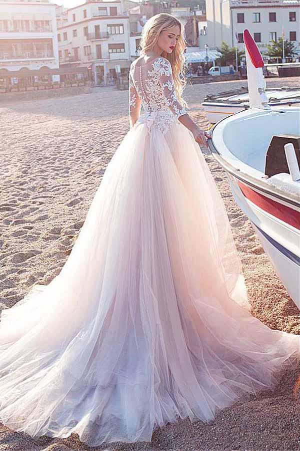 Tulle Scoop Neckline A-line Wedding Dress With Lace Appliques WD188 - Pgmdress