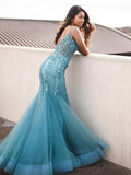 Turquoise See Through V Neck Mermaid Long Evening Prom Dresses PG582 - Pgmdress